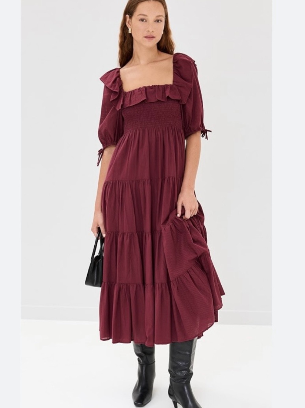 Hill House Burgundy Ruffle-Trim Tiered Midi Dress